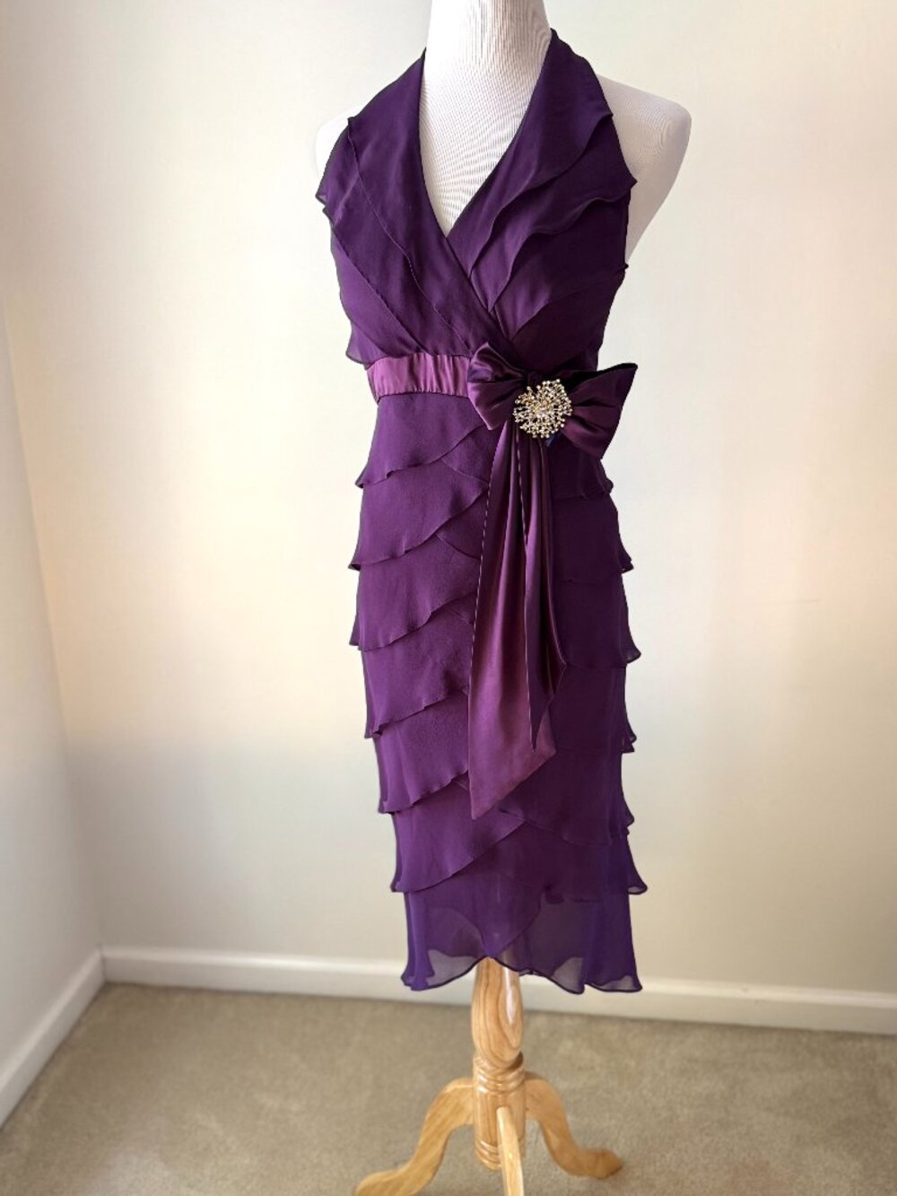 Tadashi Shoji Purple Halter Cocktail Dress Satin Bow Rhinestone Midi Size 8